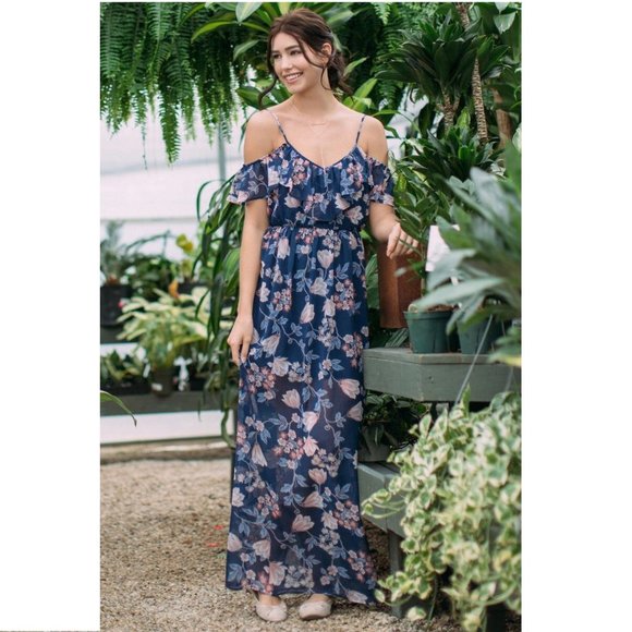 Miami Cold Shoulder maxi gown blue floral print S - Picture 3 of 6